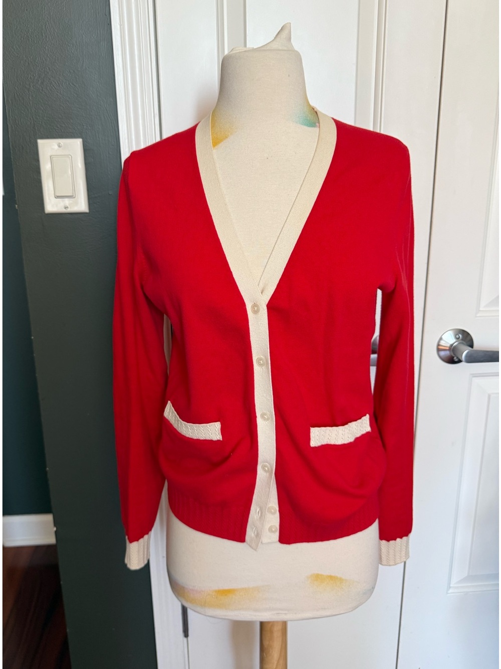 Boden Red V-Neck Contrast Trim Women's Cardigan Sweater Size M